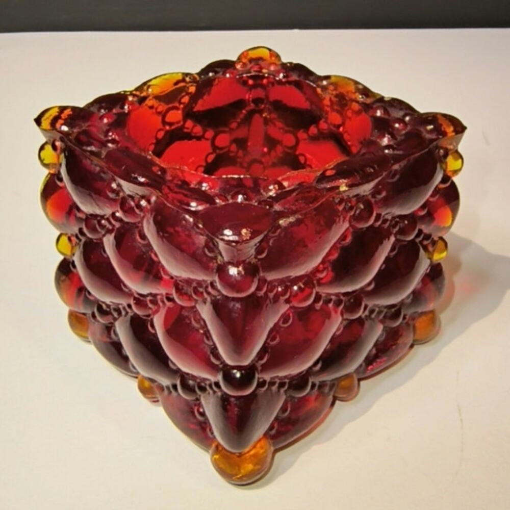 729. Fenton Amberina Bead Tufted Tea Light Holder UV Reactive Art Glass